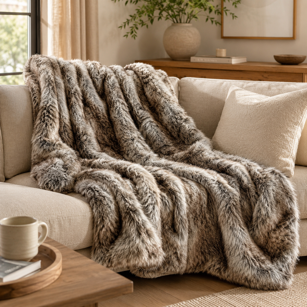 Absolute Decor Grand Faux Fur Blanket - Brown
