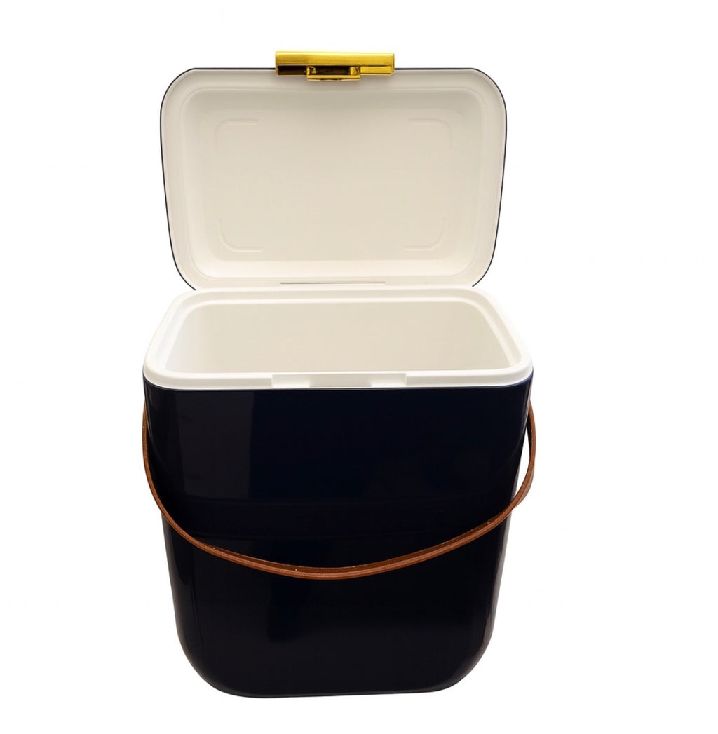 Portable Cooler Box with Leather Strap & Gold Latch - Insulated Ice Storage - Navy